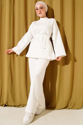 Mini Taşlı İp Kuşaklı Scuba İkili Takım Beyaz - TABLO FASHİON