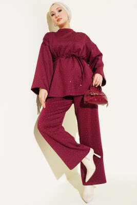 Mini Taşlı İp Kuşaklı Scuba İkili Takım Bordo - TABLO FASHİON