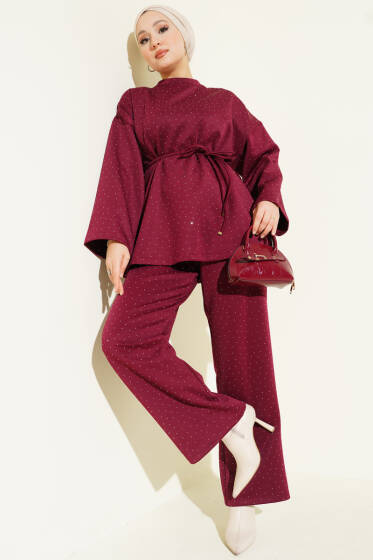 Mini Taşlı İp Kuşaklı Scuba İkili Takım Bordo - İkili Takım