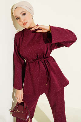 Mini Taşlı İp Kuşaklı Scuba İkili Takım Bordo - İkili Takım