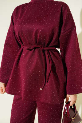 Mini Taşlı İp Kuşaklı Scuba İkili Takım Bordo - İkili Takım