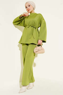 Mini Taşlı İp Kuşaklı Scuba İkili Takım Fıstık Yeşili - TABLO FASHİON