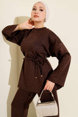 Mini Taşlı İp Kuşaklı Scuba İkili Takım Kahve - TABLO FASHİON