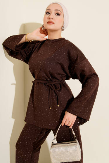 Mini Taşlı İp Kuşaklı Scuba İkili Takım Kahve - İkili Takım