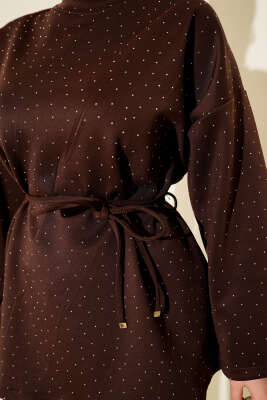 Mini Taşlı İp Kuşaklı Scuba İkili Takım Kahve - İkili Takım