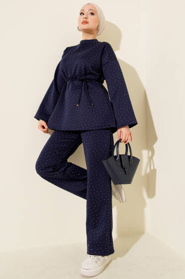 Mini Taşlı İp Kuşaklı Scuba İkili Takım Lacivert - İkili Takım