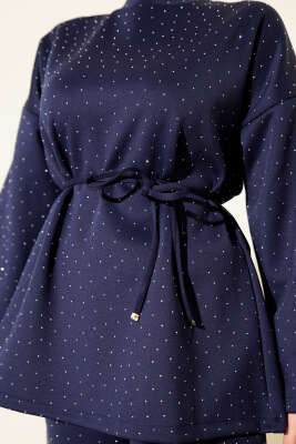 Mini Taşlı İp Kuşaklı Scuba İkili Takım Lacivert - İkili Takım