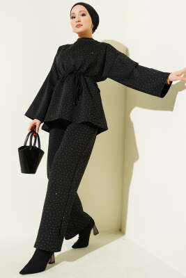 Mini Taşlı İp Kuşaklı Scuba İkili Takım Siyah - TABLO FASHİON