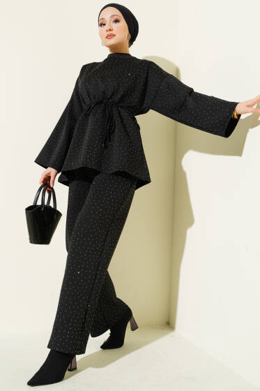 Mini Taşlı İp Kuşaklı Scuba İkili Takım Siyah - İkili Takım