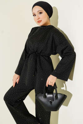 Mini Taşlı İp Kuşaklı Scuba İkili Takım Siyah - İkili Takım