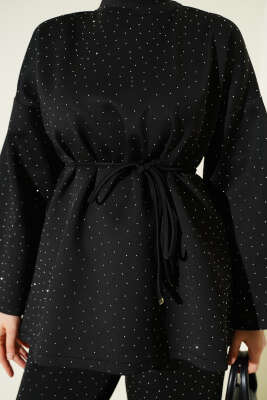 Mini Taşlı İp Kuşaklı Scuba İkili Takım Siyah - İkili Takım