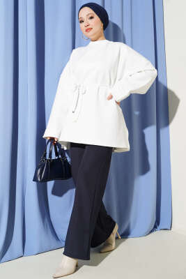 Mini Taşlı İp Kuşaklı Scuba Tunik Beyaz - Günün Seçilenleri