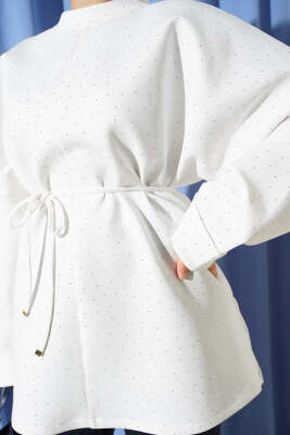 Mini Taşlı İp Kuşaklı Scuba Tunik Beyaz - Tunik