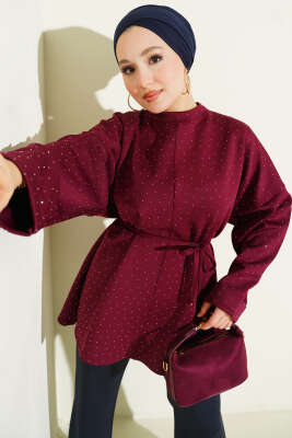 Mini Taşlı İp Kuşaklı Scuba Tunik Bordo 