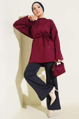 Mini Taşlı İp Kuşaklı Scuba Tunik Bordo - Günün Seçilenleri