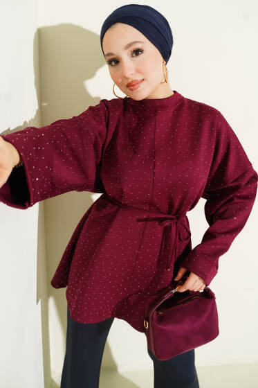 Mini Taşlı İp Kuşaklı Scuba Tunik Bordo - Tunik