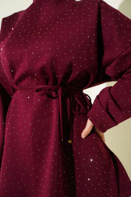 Mini Taşlı İp Kuşaklı Scuba Tunik Bordo - Tunik