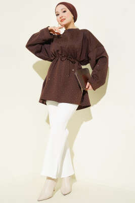 Mini Taşlı İp Kuşaklı Scuba Tunik Kahve - Günün Seçilenleri