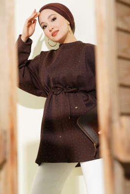 Mini Taşlı İp Kuşaklı Scuba Tunik Kahve - TABLO FASHİON