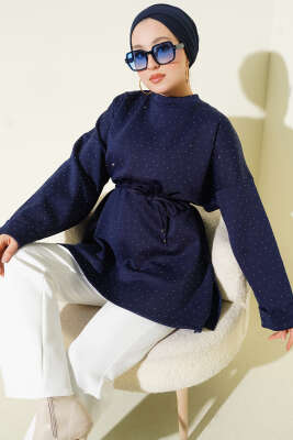 Mini Taşlı İp Kuşaklı Scuba Tunik Lacivert - TABLO FASHİON