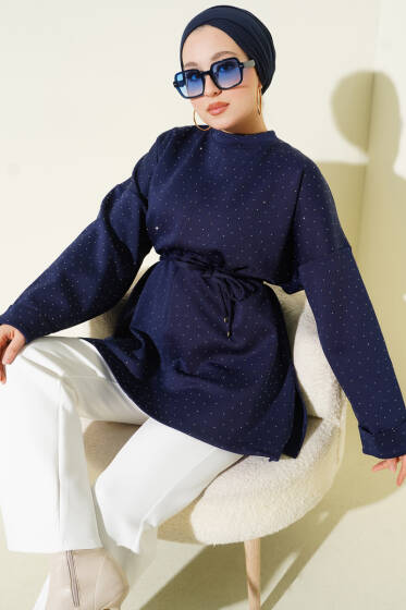 Mini Taşlı İp Kuşaklı Scuba Tunik Lacivert - Tunik