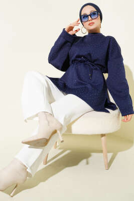 Mini Taşlı İp Kuşaklı Scuba Tunik Lacivert - Tunik