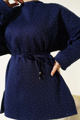 Mini Taşlı İp Kuşaklı Scuba Tunik Lacivert - Tunik