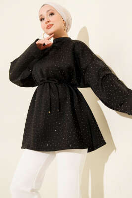 Mini Taşlı İp Kuşaklı Scuba Tunik Siyah - TABLO FASHİON