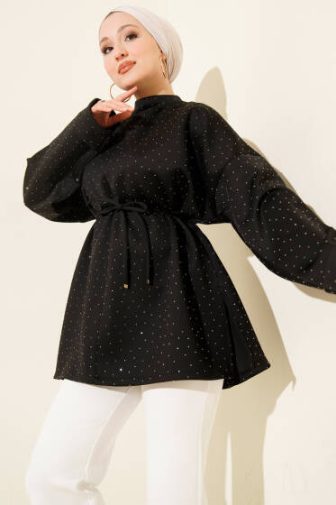 Mini Taşlı İp Kuşaklı Scuba Tunik Siyah - Tunik