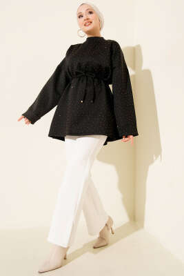 Mini Taşlı İp Kuşaklı Scuba Tunik Siyah - Tunik