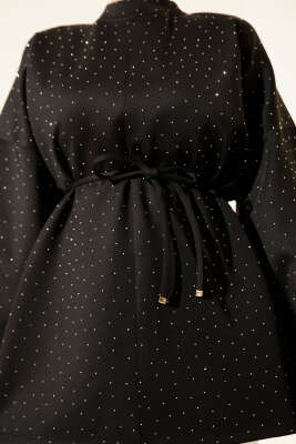 Mini Taşlı İp Kuşaklı Scuba Tunik Siyah - Tunik