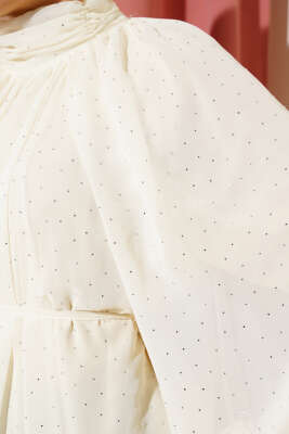 	 Mini Taşlı İp Kuşaklı Şifon Elbise Ekru - Tesettür Elbise