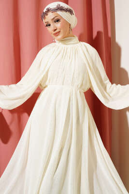 	 Mini Taşlı İp Kuşaklı Şifon Elbise Ekru - Tesettür Elbise