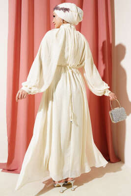 	 Mini Taşlı İp Kuşaklı Şifon Elbise Ekru - Tesettür Elbise