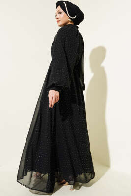 Mini Taşlı İp Kuşaklı Şifon Elbise Siyah - Tesettür Elbise