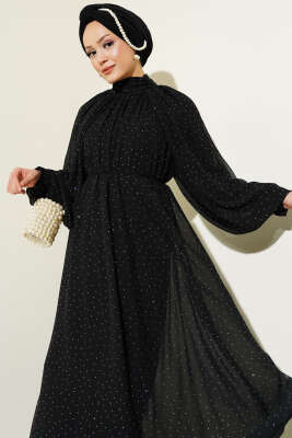 Mini Taşlı İp Kuşaklı Şifon Elbise Siyah - Tesettür Elbise