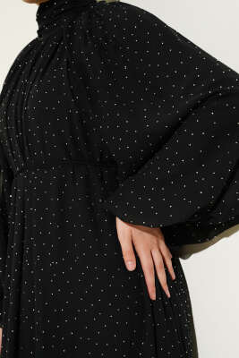 Mini Taşlı İp Kuşaklı Şifon Elbise Siyah - Tesettür Elbise