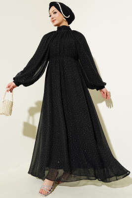 Mini Taşlı İp Kuşaklı Şifon Elbise Siyah - HEWES