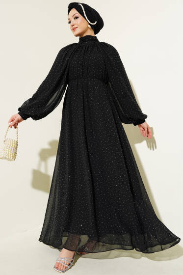 Mini Taşlı İp Kuşaklı Şifon Elbise Siyah - Tesettür Elbise