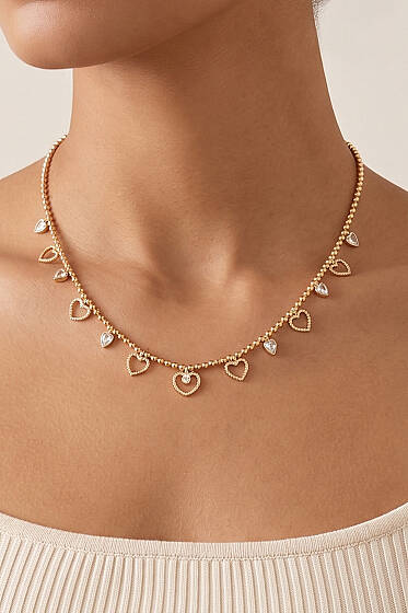 Mini Taşlı Kalp Süslemeli Kolye Gold - Kolye