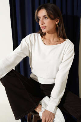 Mini Taşlı Kayık Yaka Bluz Ekru 