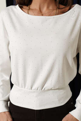 Mini Taşlı Kayık Yaka Bluz Ekru - Kadın Giyim Modelleri