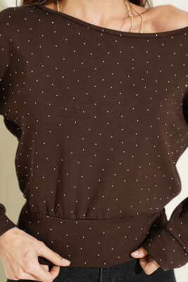 Mini Taşlı Kayık Yaka Bluz Kahve - Kadın Giyim Modelleri