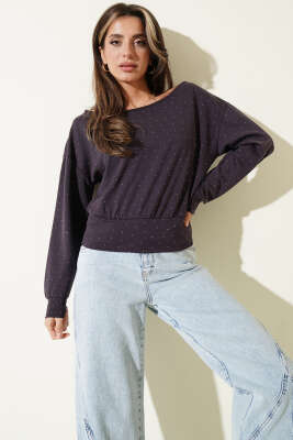 Mini Taşlı Kayık Yaka Bluz Koyu Lila - Kadın Giyim Modelleri