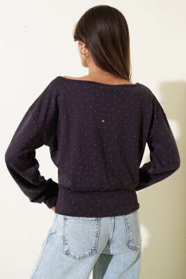 Mini Taşlı Kayık Yaka Bluz Koyu Lila - Kadın Giyim Modelleri