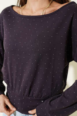 Mini Taşlı Kayık Yaka Bluz Koyu Lila - Kadın Giyim Modelleri