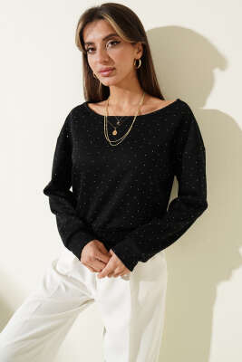 Mini Taşlı Kayık Yaka Bluz Siyah - Kadın Giyim Modelleri