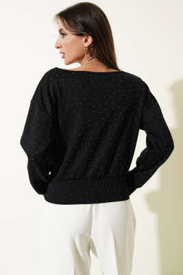 Mini Taşlı Kayık Yaka Bluz Siyah - Kadın Giyim Modelleri