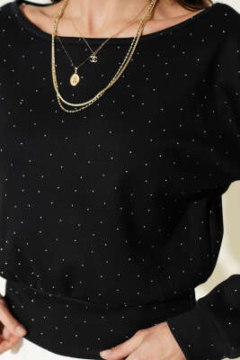 Mini Taşlı Kayık Yaka Bluz Siyah - Kadın Giyim Modelleri