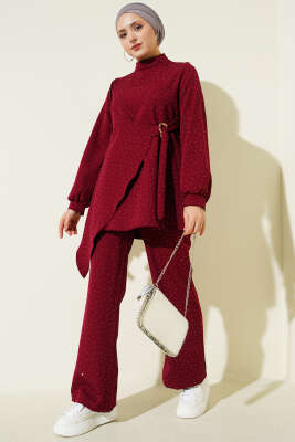 Mini Taşlı Kemer Detaylı İkili Takım Bordo - CNR TEKSTİL